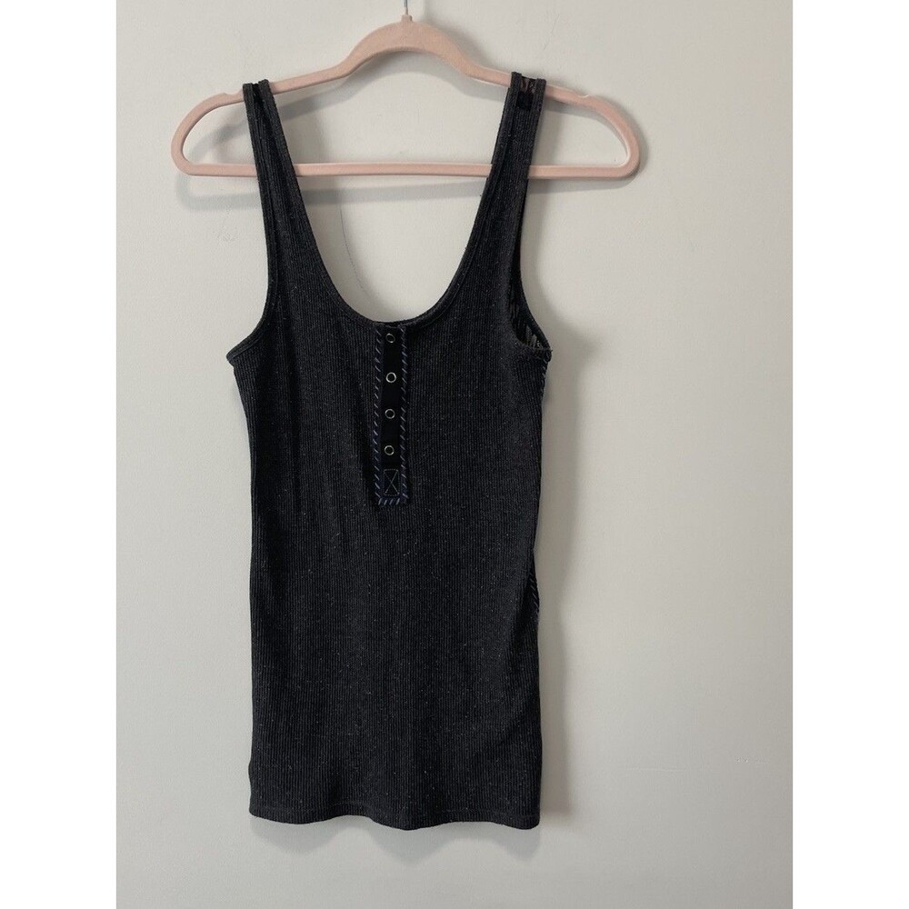 Free People Henley Gray Tank Embroidered Lace Medium Biker Boho Festival Chic